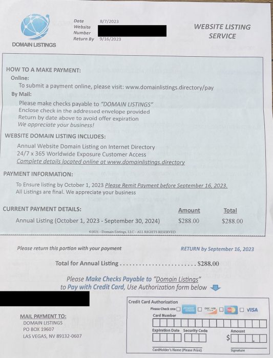 Scanned letter from "Domain Listings" company charging $288 for one year of "Worldwide exposure customer access". The letter is in the form of an invoice with the client's name redacted.